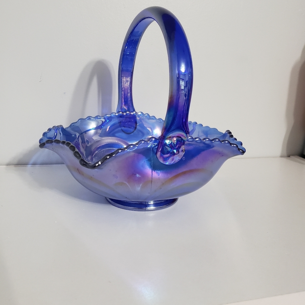 L E Smith cobalt blue iridescent carnival glass basket